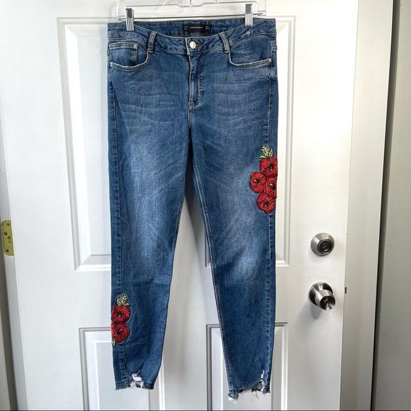Zara Floral Rose Poppy Embroidered Skinny Jeans Size 4 - Picture 1 of 12